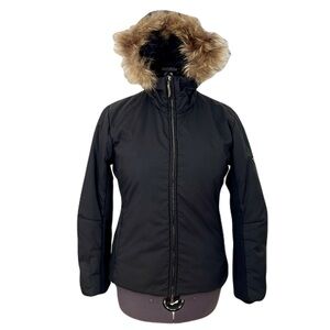 Post Card Black Hooded Fur Trim Ski Jacket, Size 8
